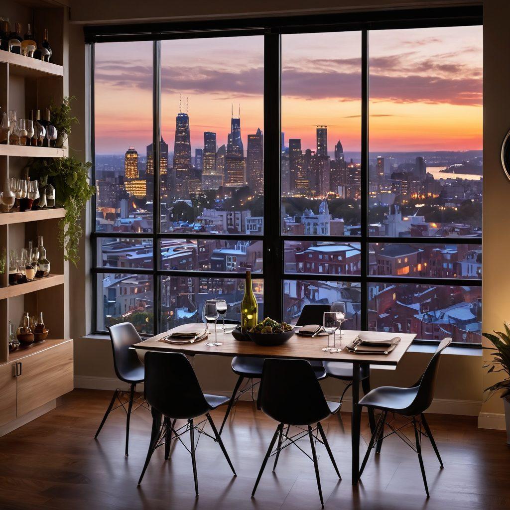 A cozy urban apartment with a sophisticated wine selection displayed on a stylish shelf. A beautifully set dining table featuring various gourmet foods paired with wine glasses, and large windows showing a city skyline at sunset. Warm lighting enhances the inviting atmosphere, while elegant decor elements like potted plants and art pieces reflect a modern lifestyle. super-realistic. vibrant colors. soft focus.