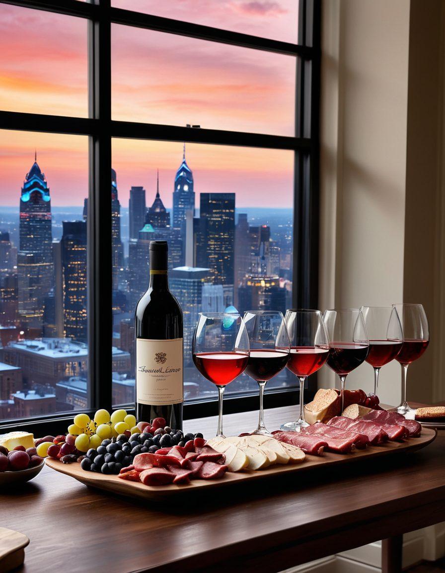 A sophisticated wine tasting scene set in a stylish Philadelphia home, showcasing diverse wine glasses filled with rich reds and sparkling whites, with a backdrop of a stunning cityscape. Include a cozy table with a charcuterie board and sommelier notes, infused with warm, inviting lighting. Capture the essence of luxury and enthusiasm around wine tasting, highlighting both culture and real estate. vibrant colors. super-realistic.
