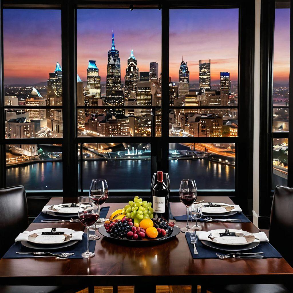 A sophisticated wine tasting scene set in a luxurious Philadelphia rental, featuring a beautifully laid table with an assortment of fine wines, gourmet cheese, and fresh fruits. The background showcases a panoramic view of the city's skyline, with iconic landmarks like the Liberty Bell subtly visible. Soft, ambient lighting enhances the elegance of the setting, creating a cozy yet upscale atmosphere. The composition should emphasize the theme of urban sophistication and indulgence in wine culture. super-realistic. vibrant colors. elegant ambiance.